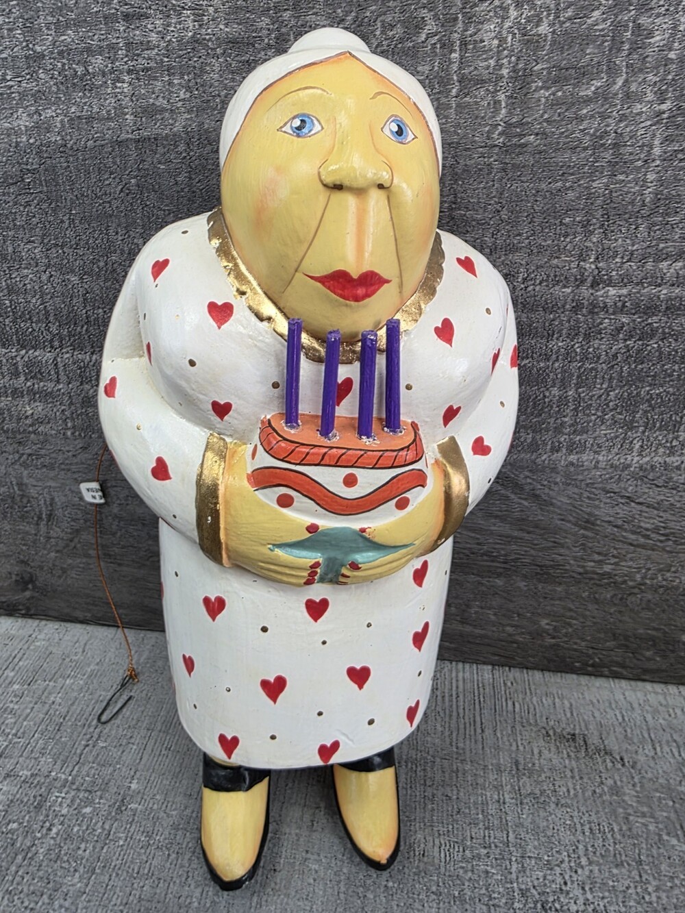 Hand Carved Wooden Old Woman Birthday 9" Celebration Cake Whimsical g49